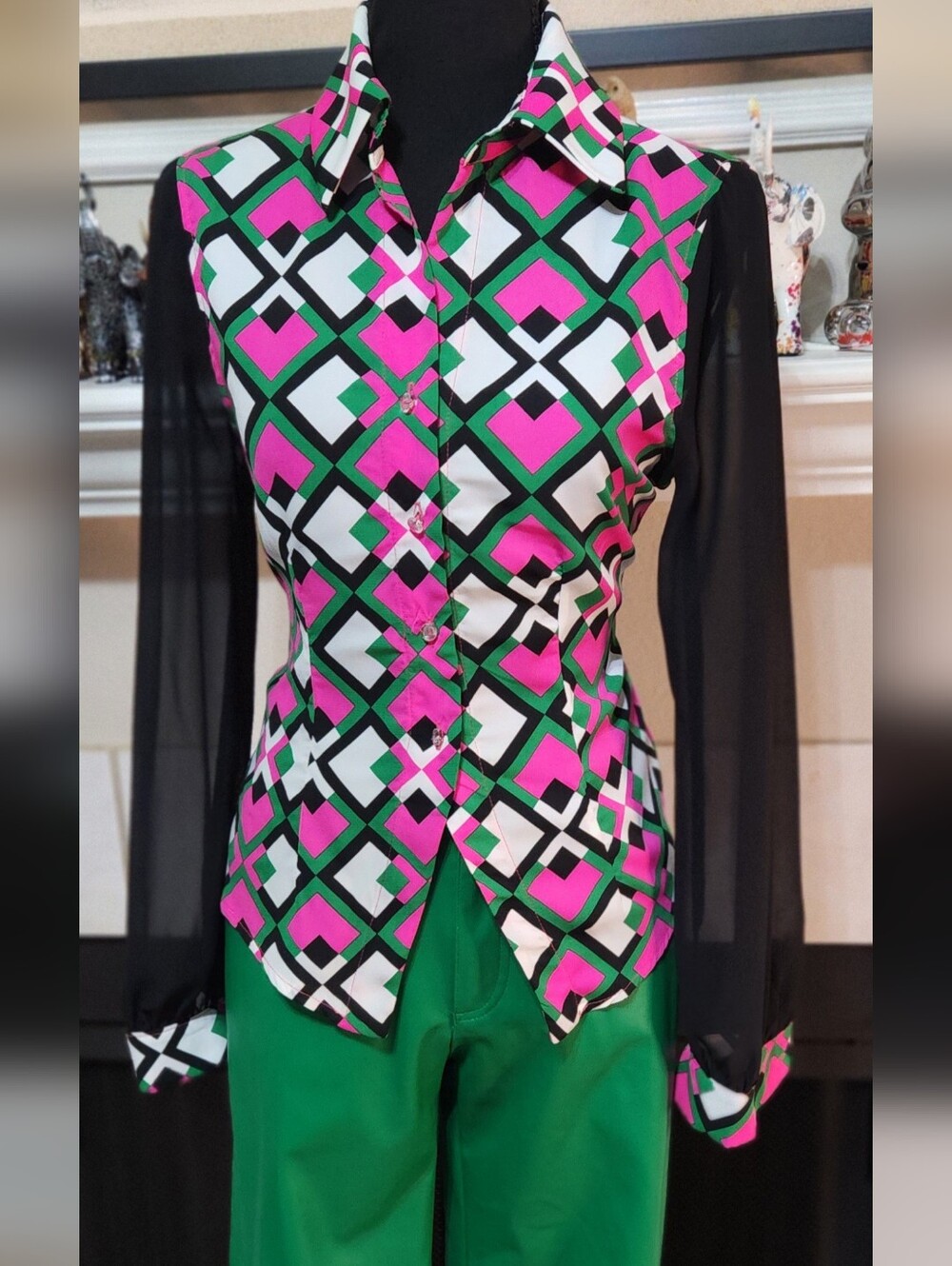Ces Femme Geometric Pink Black Green Button-Front Blouse